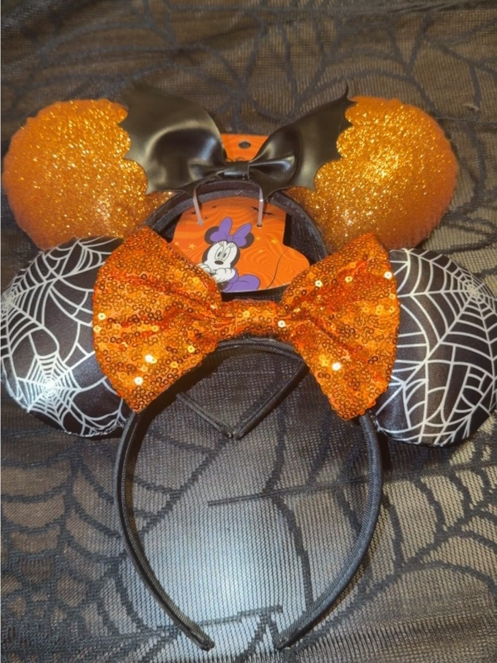 Minnie Mouse Halloween Headband & Spiderweb Ears Orange Bow